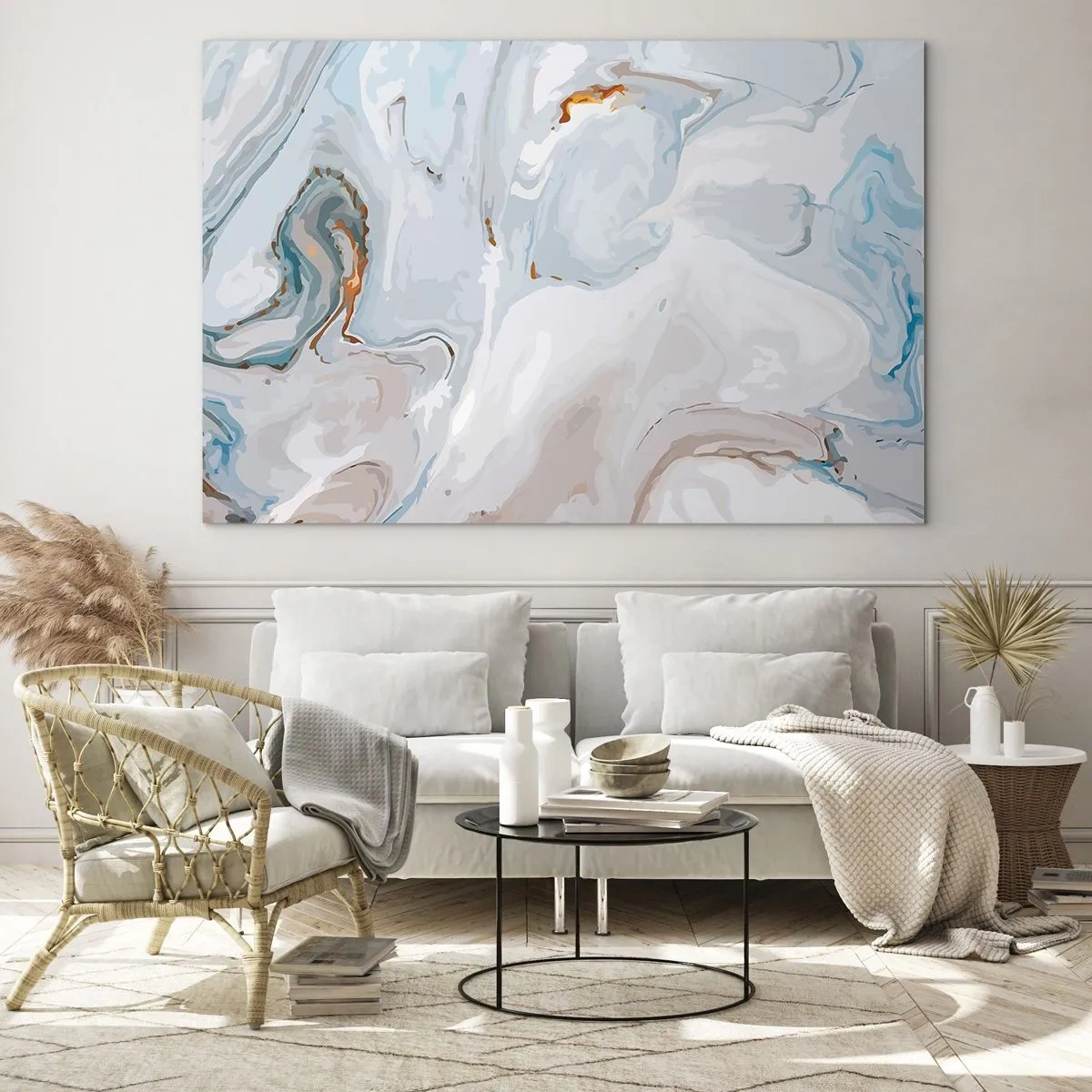 Obraz na skle - Jemný mramorový vzor v odstínech modré a bílé - 70x50cm - Povznesená bílá - Moderní nástěnná dekorace do obývacího pokoje a ložnice ARTTOR