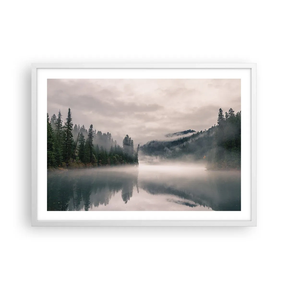 Plakát v bílém rámu - V zamyšlení, v mlze - 70x50 cm