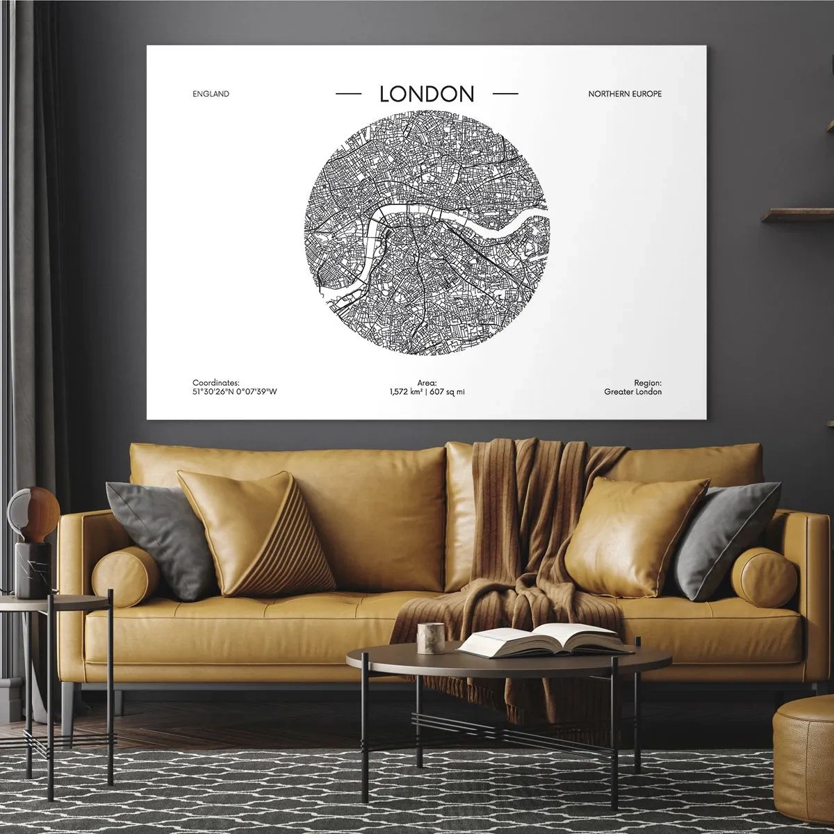 Obraz na skle - Podrobná mapa Londýna v grafickém černobílém stylu. - 70x50cm - Anatomie Londýna - Moderní nástěnná dekorace do obývacího pokoje a ložnice ARTTOR