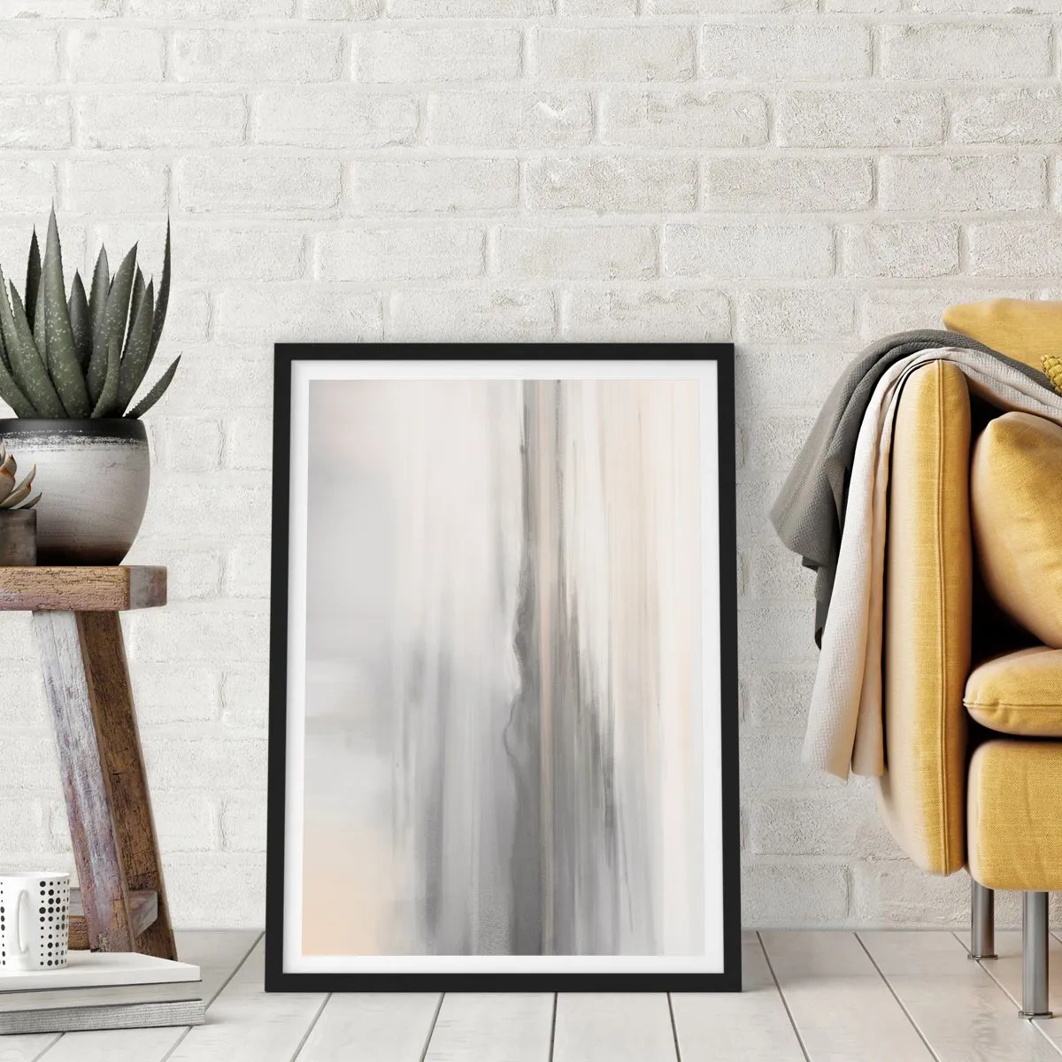 Plakát v černém rámu - Jemné svislé pruhy v odstínech šedé a béžové - 50x70cm - Zamyšlená dálka - Moderní nástěnná dekorace do obývacího pokoje a ložnice ARTTOR