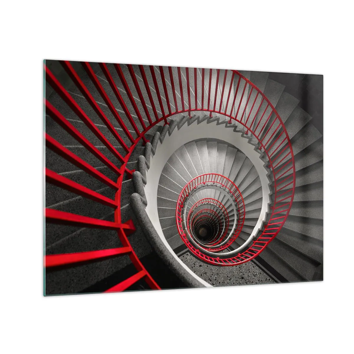 Obraz na skle - Točité schodiště s červeným zábradlím v perspektivě - 70x50cm - Architektonické hry - Moderní nástěnná dekorace do obývacího pokoje a ložnice ARTTOR