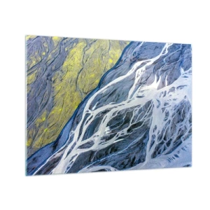 Obraz na skle - Pohled z ptačí perspektivy na zemský povrch s klikatými potoky - 70x50cm - Jeskynní malby přírody - Moderní nástěnná dekorace do obývacího pokoje a ložnice ARTTOR