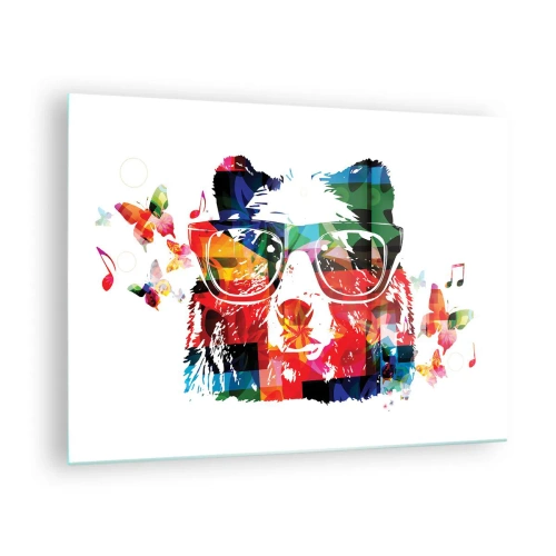 Obraz na skle - Barevný medvěd s brýlemi ve stylu pop art s hudebním tématem - 70x50cm - Líbí se mi! - Moderní nástěnná dekorace do obývacího pokoje a ložnice ARTTOR
