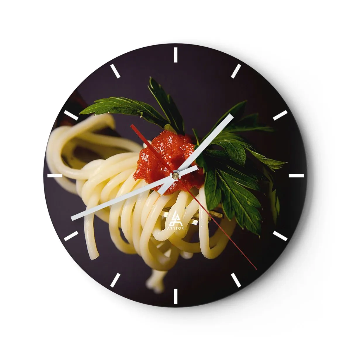 Nástěnné hodiny - Špagety s rajčatovou omáčkou a bylinkami - 30x30cm - Chutný kousek - Moderní nástěnná dekorace do obývacího pokoje, kuchyně a ložnice ARTTOR