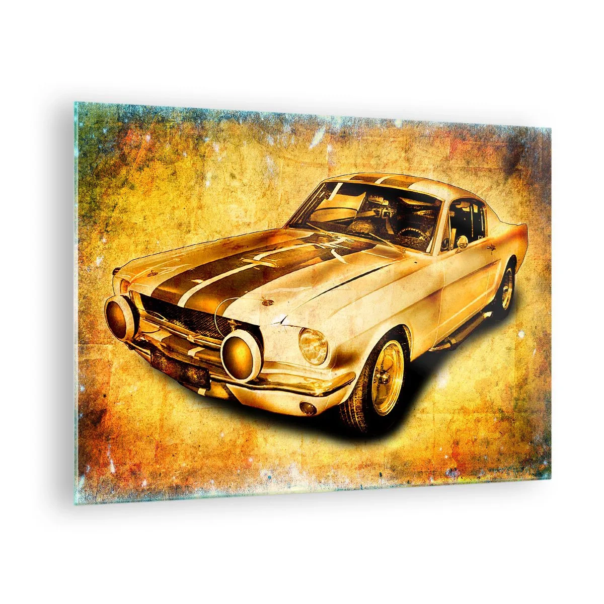 Obraz na skle - Klasické sportovní auto s vintage pozadím - 70x50cm - Šílená 70. léta - Moderní nástěnná dekorace do obývacího pokoje a ložnice ARTTOR