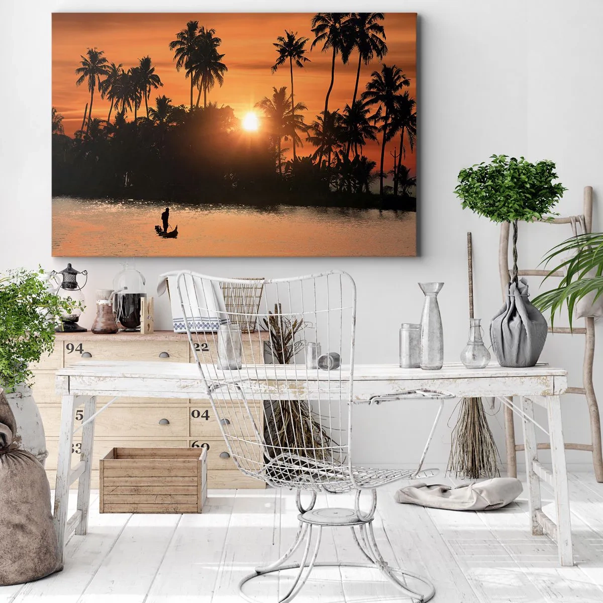 Obraz na plátně - Západ slunce nad palmami a klidným jezerem s lodí - 70x50cm - Čas na odpočinek - Moderní nástěnná dekorace do obývacího pokoje a ložnice ARTTOR