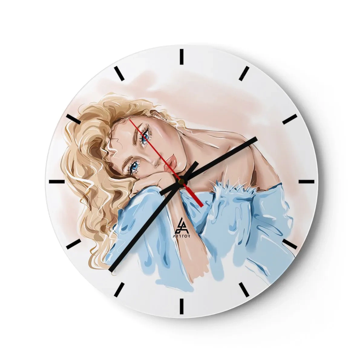 Nástěnné hodiny - Ilustrace ženy s blond kudrnatými vlasy v modrém oblečení na bílém pozadí - 30x30cm - Zasněná v modré - Moderní nástěnná dekorace do obývacího pokoje, kuchyně a ložnice ARTTOR