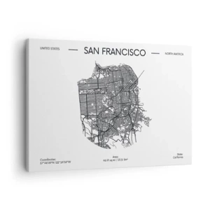 Obraz na plátně - Mapa San Francisca v minimalistickém černobílém stylu. - 70x50cm - Anatomie San Francisca - Moderní nástěnná dekorace do obývacího pokoje a ložnice ARTTOR