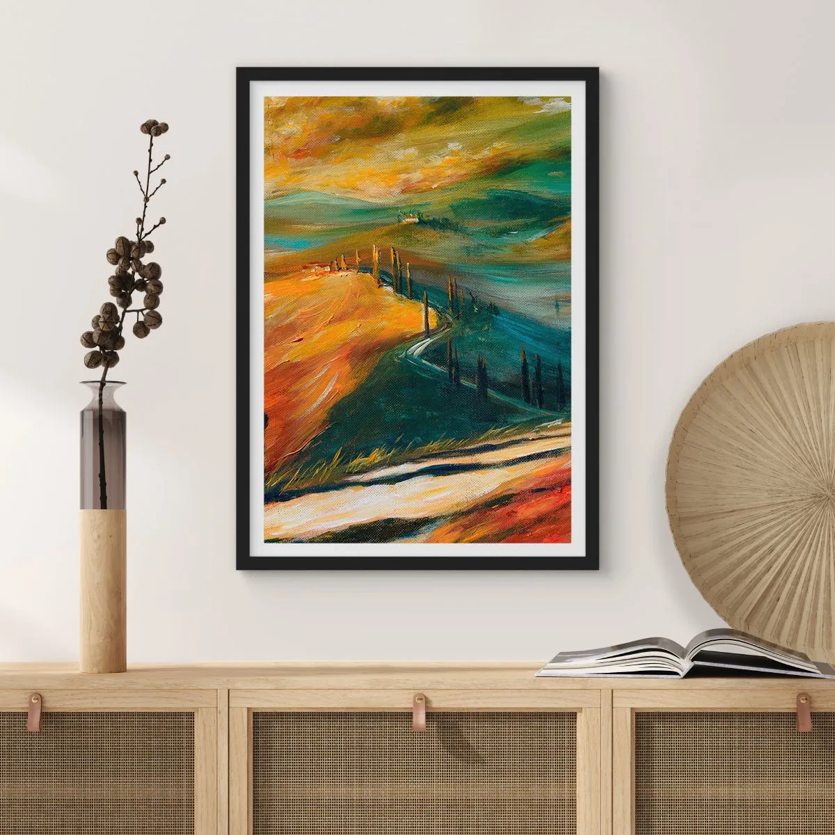 Plakát v černém rámu - Krajina v intenzivních barvách, cesta přes kopce - 50x70cm - Toskánská krajina - Moderní nástěnná dekorace do obývacího pokoje a ložnice ARTTOR