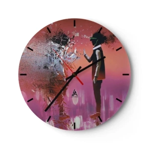 Nástěnné hodiny - Postava s VR brýlemi ve futuristickém růžovém světě - 30x30cm - Lze nahlédnut do sebe? - Moderní nástěnná dekorace do obývacího pokoje, kuchyně a ložnice ARTTOR