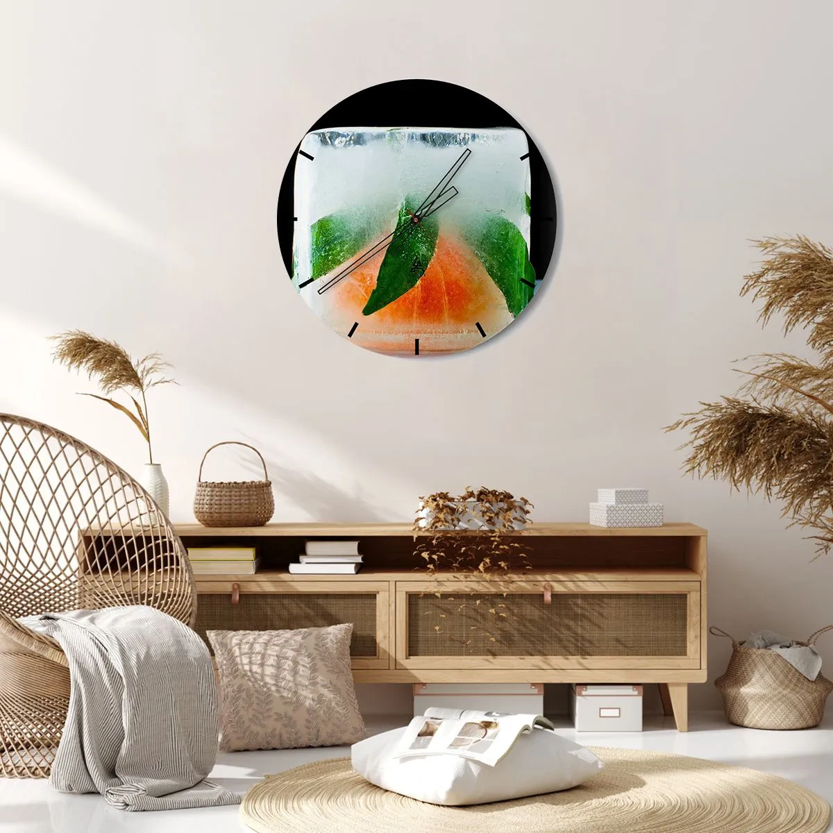 Nástěnné hodiny - Kostka ledu s lístky máty a plátkem grapefruitu uvnitř - 30x30cm - Svěžest a osvěžení - Moderní nástěnná dekorace do obývacího pokoje, kuchyně a ložnice ARTTOR