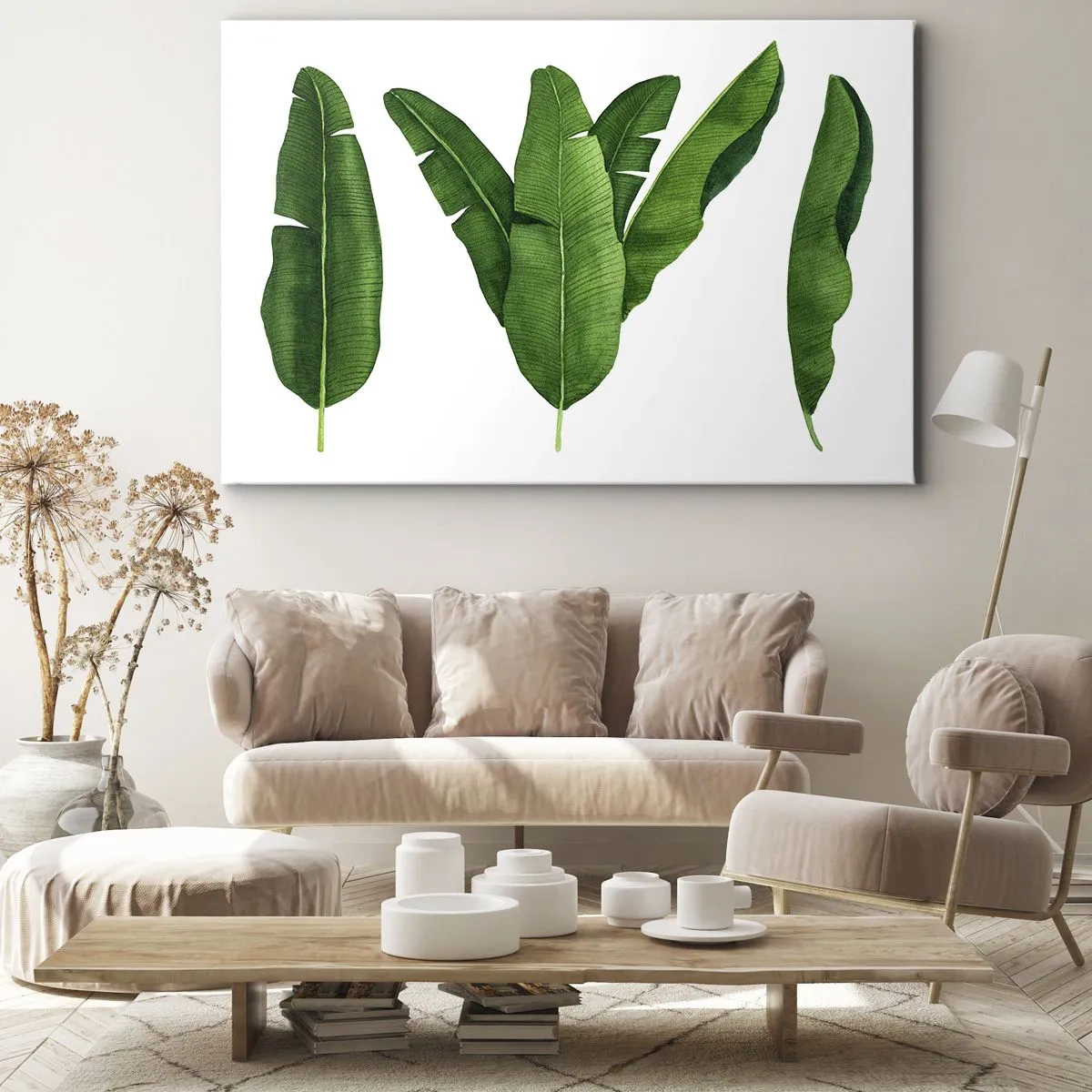 Obraz na plátně - Tři banánové listy v uměleckém pojetí - 70x50cm - Zelená symetrie - Moderní nástěnná dekorace do obývacího pokoje a ložnice ARTTOR