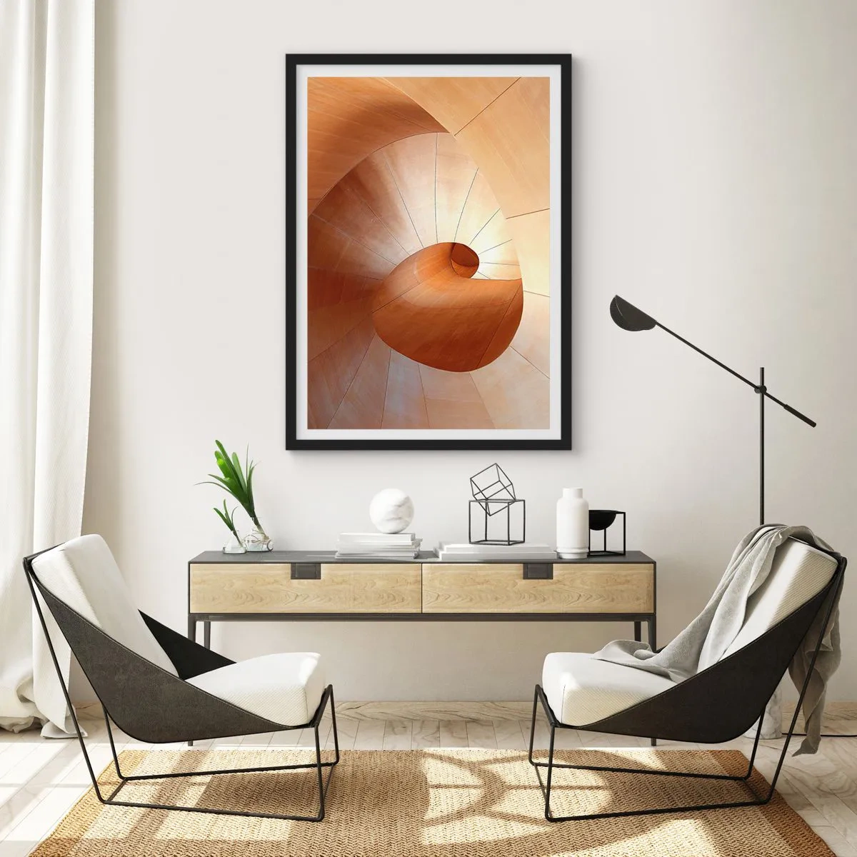 Plakát v černém rámu - Dřevěná spirálová konstrukce se zlatým odstínem - 50x70cm - Architektonická serpentina - Moderní nástěnná dekorace do obývacího pokoje a ložnice ARTTOR