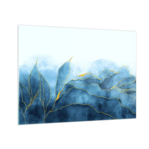 Obraz na skle - Abstraktní modré tvary s jemnými zlatými linkami. - 70x50cm - Blankyt ve zlatě - Moderní nástěnná dekorace do obývacího pokoje a ložnice ARTTOR