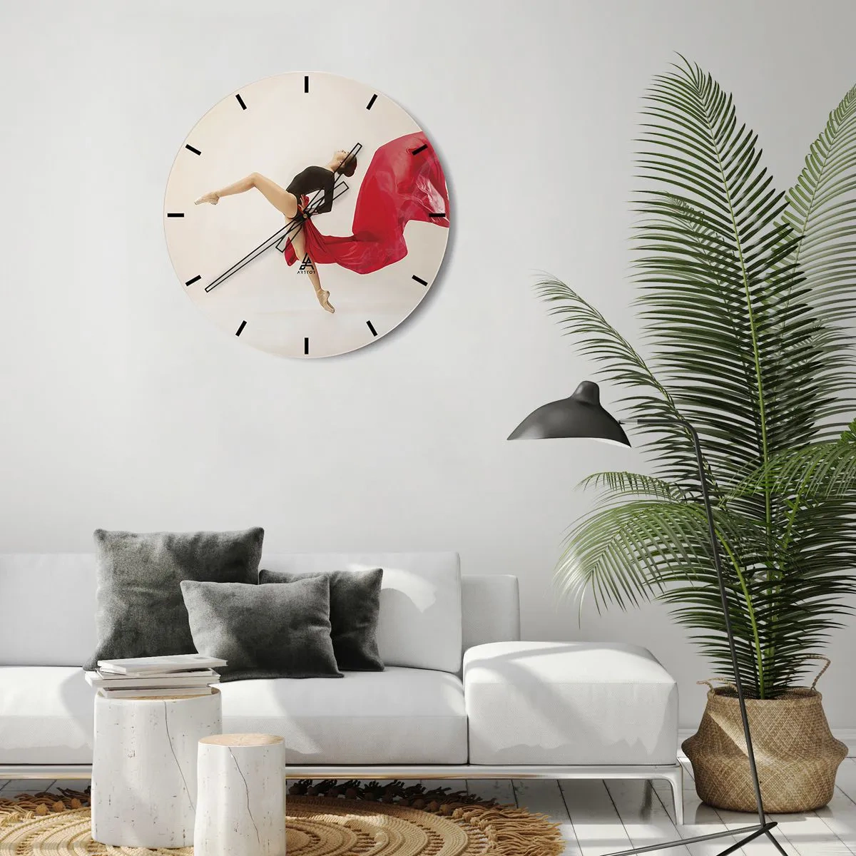 Nástěnné hodiny - Tanečnice v dynamické póze s červenou látkou - 30x30cm - Červené a černé - Moderní nástěnná dekorace do obývacího pokoje, kuchyně a ložnice ARTTOR