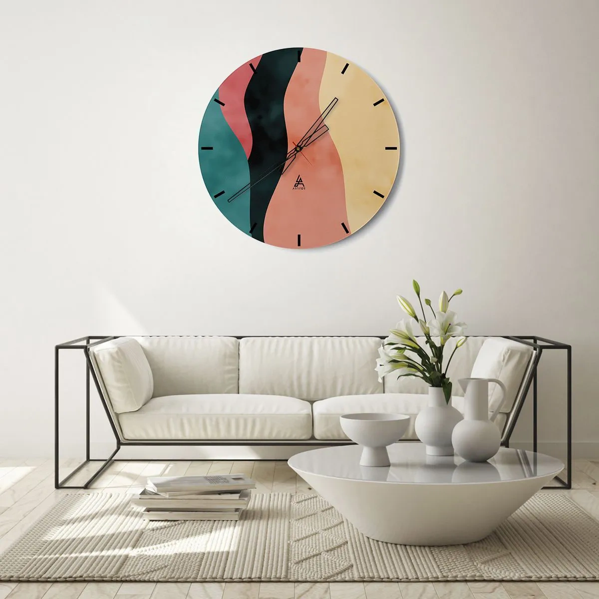 Nástěnné hodiny - Barevné vlnité pruhy v odstínech tyrkysové, černé, růžové a žluté - 30x30cm - Kompatibilní nesoulad - Moderní nástěnná dekorace do obývacího pokoje, kuchyně a ložnice ARTTOR