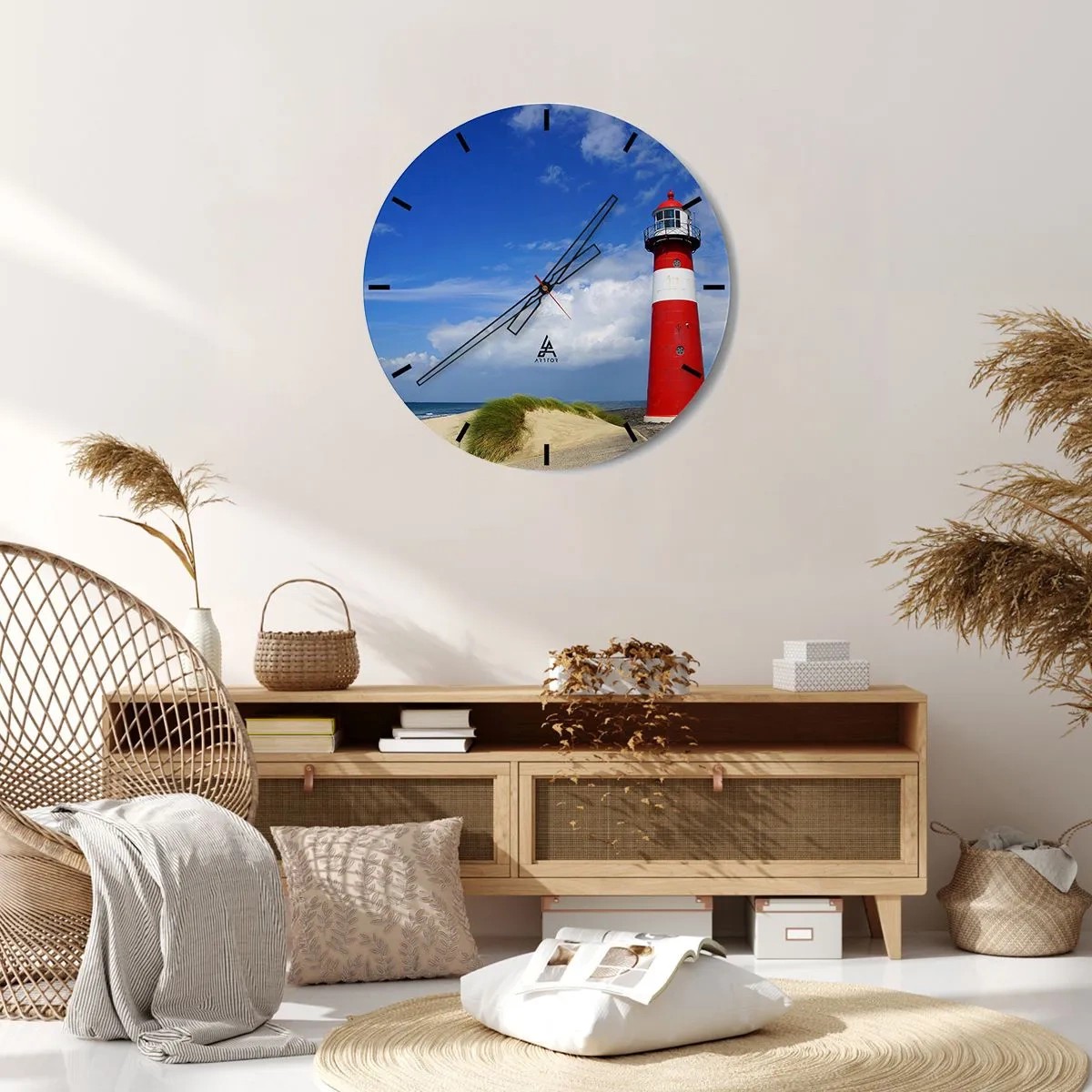 Nástěnné hodiny - Červený a bílý maják proti modré obloze - 30x30cm - Vysněná samota - Moderní nástěnná dekorace do obývacího pokoje, kuchyně a ložnice ARTTOR