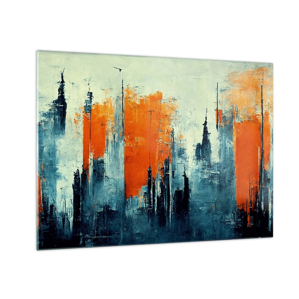 Obraz na skle - Moderní panorama města v odstínech šedé a oranžové - 70x50cm - Moderní krajina - Moderní nástěnná dekorace do obývacího pokoje a ložnice ARTTOR