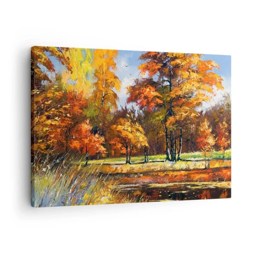 Obraz na plátně - Podzimní krajina s barevnými stromy a rybníkem - 70x50cm - Krajinka ve zlaté a hnědé - Moderní nástěnná dekorace do obývacího pokoje a ložnice ARTTOR