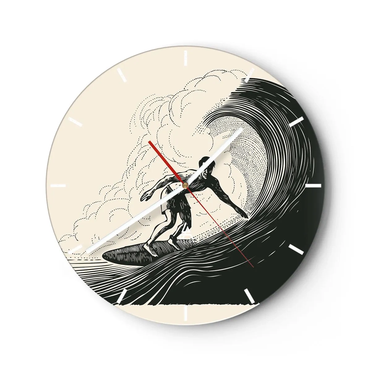 Nástěnné hodiny - Surfař na retro vlně - 30x30cm - Král vln - Moderní nástěnná dekorace do obývacího pokoje, kuchyně a ložnice ARTTOR