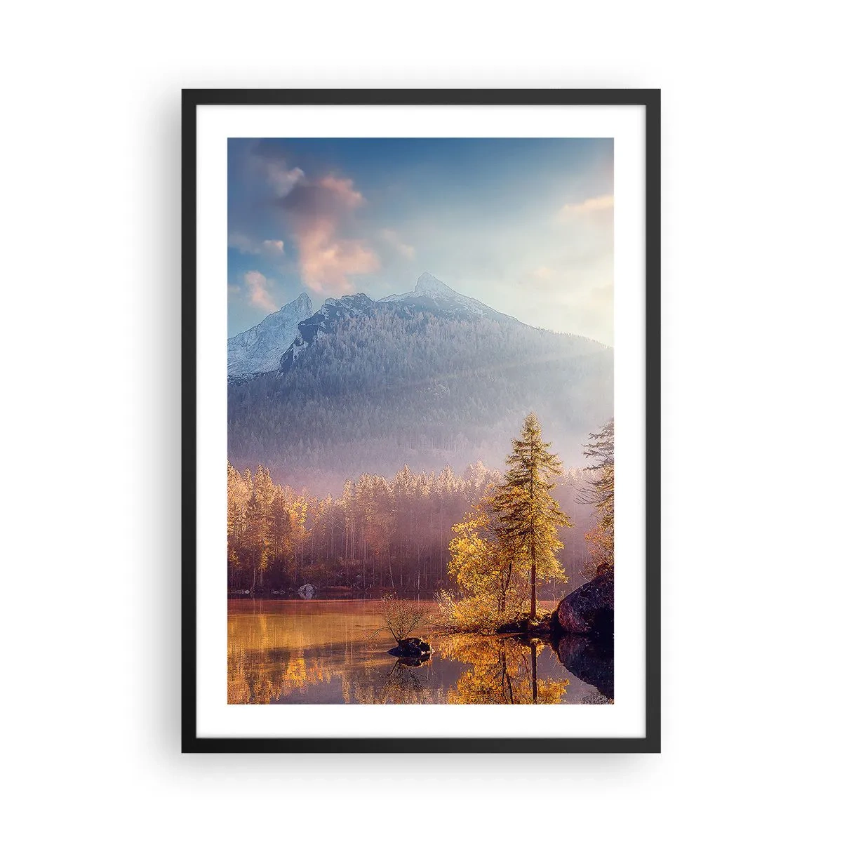 Plakát v černém rámu - Podzimní horská krajina s odrazem v jezeře - 50x70cm - V horách a údolích - Moderní nástěnná dekorace do obývacího pokoje a ložnice ARTTOR