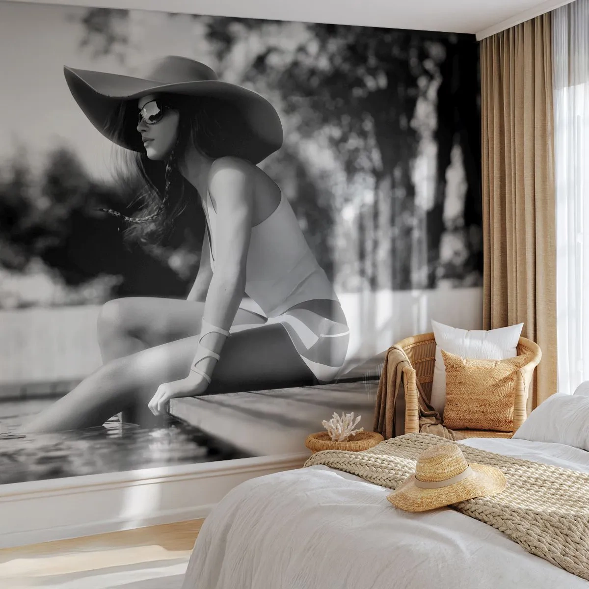 Fototapeta Premium Sand - Letní sen - Žena, Čepice, Plavecký bazén - 200x140 cm