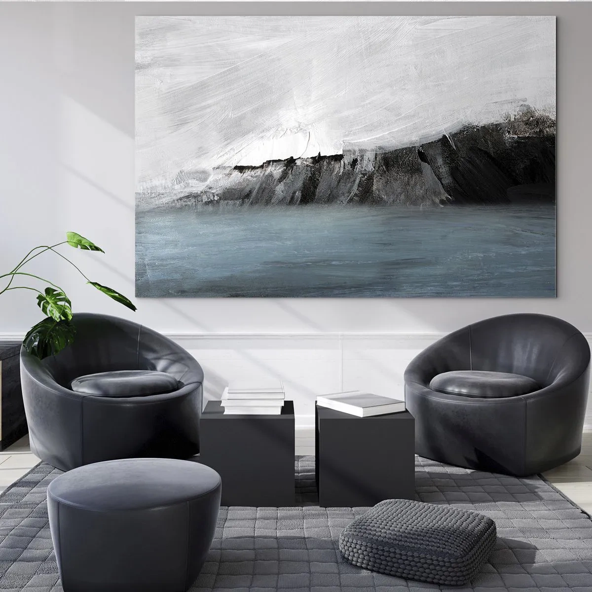 Obraz na skle - Abstraktní kompozice v odstínech modré, bílé a černé - 70x50cm - Voda – země: střet živlů - Moderní nástěnná dekorace do obývacího pokoje a ložnice ARTTOR