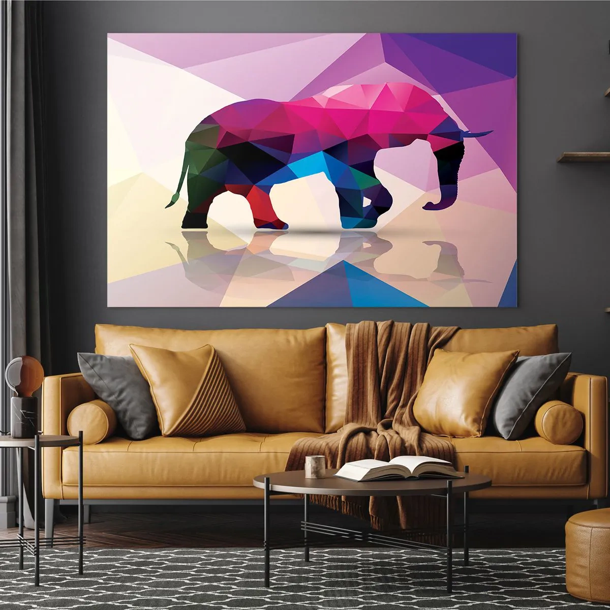 Obraz na skle - Geometrický slon v zářivých barevných abstrakcích - 70x50cm - Křišťálový dinosaurus - Moderní nástěnná dekorace do obývacího pokoje a ložnice ARTTOR