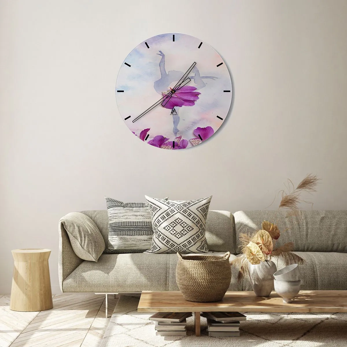 Nástěnné hodiny - Silueta baletky s květinami v pastelových barvách - 30x30cm - Jemná jako květina - Moderní nástěnná dekorace do obývacího pokoje, kuchyně a ložnice ARTTOR
