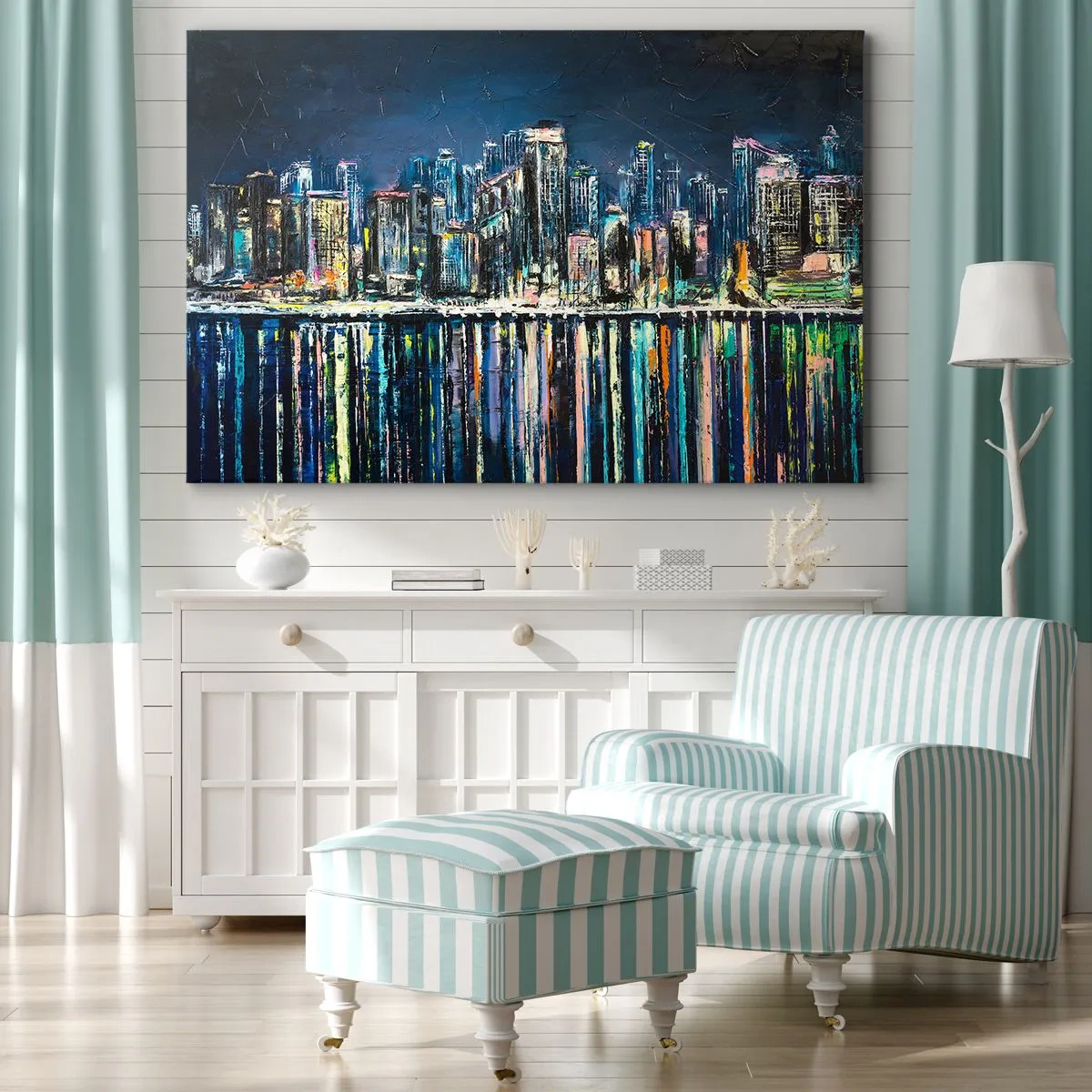 Obraz na plátně - Panorama nočního města odrážející se ve vodě - 70x50cm - Kaskáda světel - Moderní nástěnná dekorace do obývacího pokoje a ložnice ARTTOR