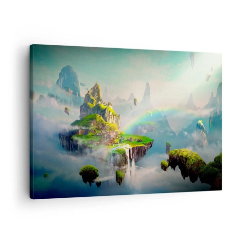 Obraz na plátně - Létající ostrovy mezi mraky s duhou na obzoru - 70x50cm - Uprostřed nebe - šťastné ostrovy - Moderní nástěnná dekorace do obývacího pokoje a ložnice ARTTOR