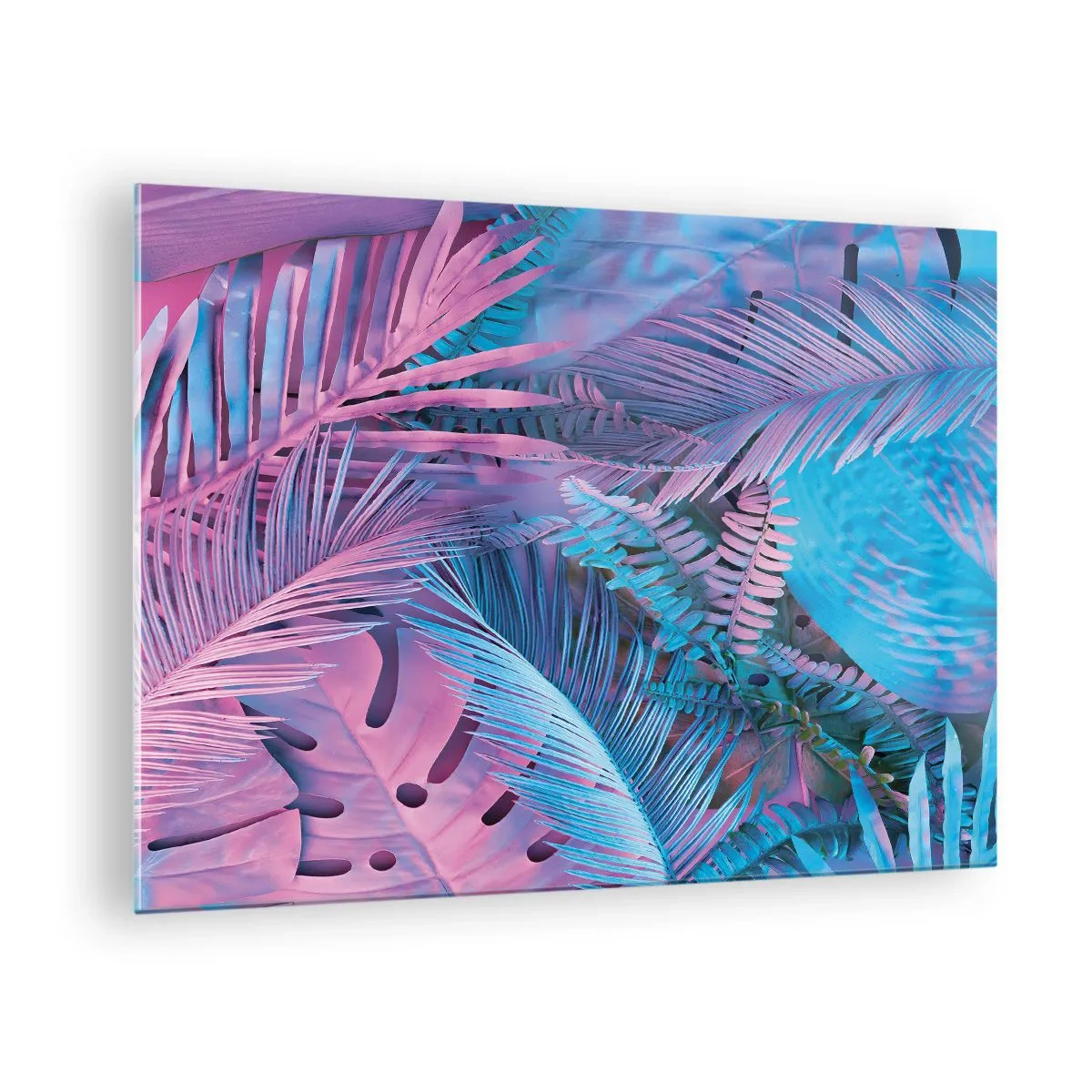 Obraz na skle - Tropické listy v odstínech růžové a modré na neonovém pozadí - 70x50cm - Tropy v růžové a modré - Moderní nástěnná dekorace do obývacího pokoje a ložnice ARTTOR