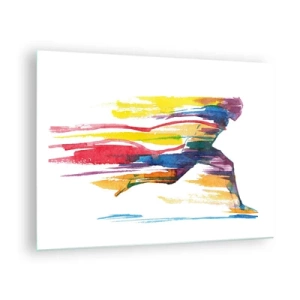 Obraz na skle - Abstraktní silueta běžce v dynamických barvách - 70x50cm - Duhový běh - Moderní nástěnná dekorace do obývacího pokoje a ložnice ARTTOR