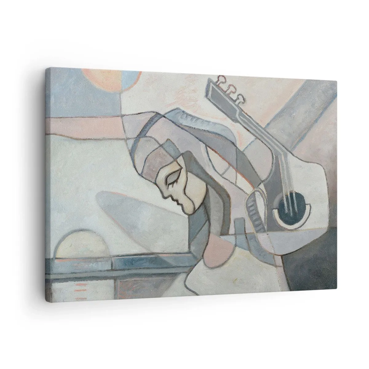Obraz na plátně - Abstraktní postava s kytarou v pastelových barvách. - 70x50cm - V moci hudby - Moderní nástěnná dekorace do obývacího pokoje a ložnice ARTTOR