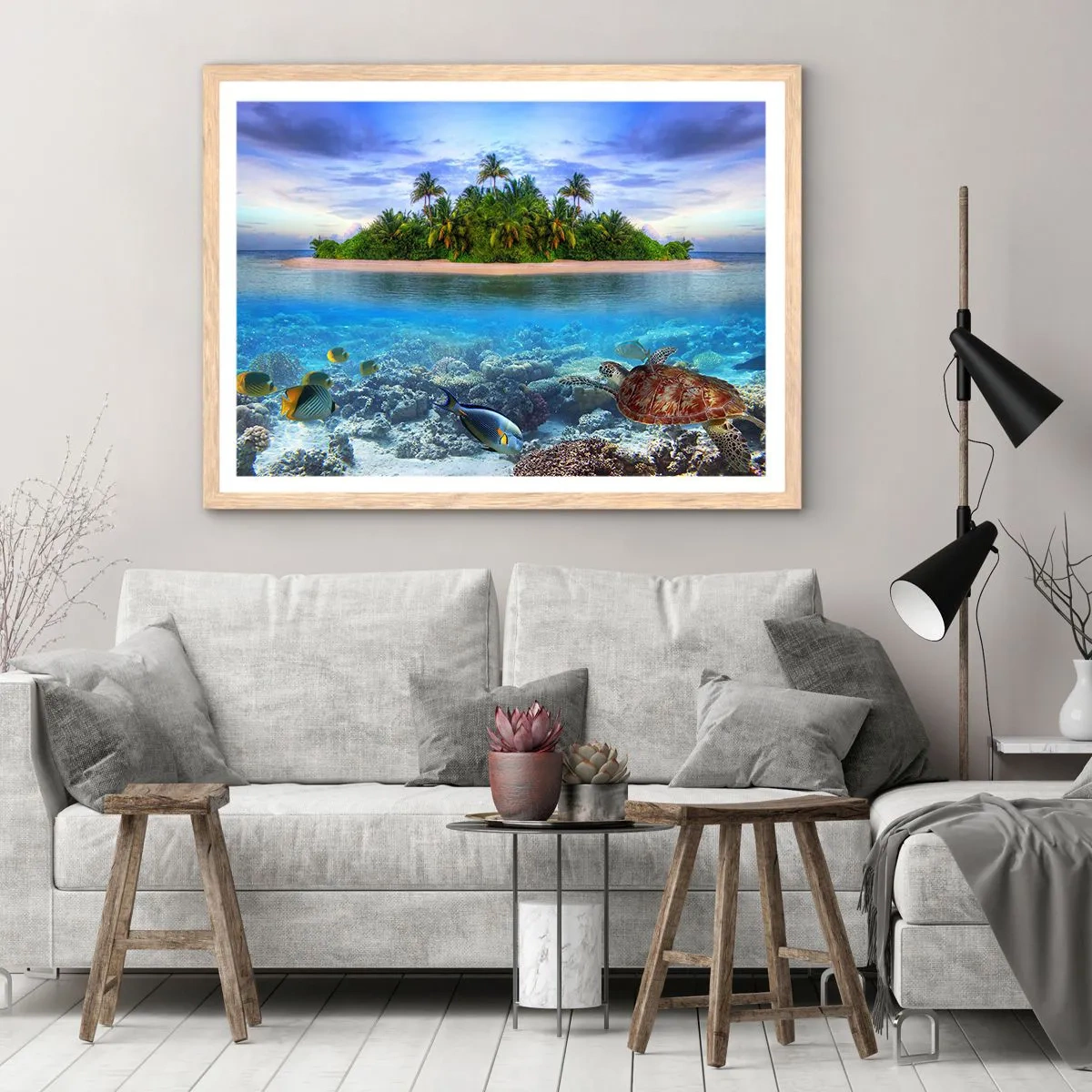 Plakát v rámu světlý dub - Nebeský ostrov zve - 50x40 cm
