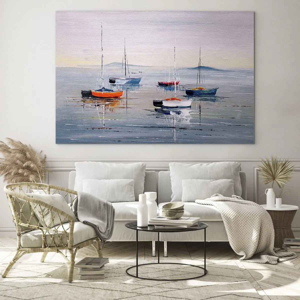 Obraz na skle - Barevné lodě plující na klidné vodě při západu slunce - 70x50cm - Zasloužený odpočinek - Moderní nástěnná dekorace do obývacího pokoje a ložnice ARTTOR