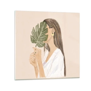 Obraz na skle - Tajemný portrét s vějířem - 70x70 cm