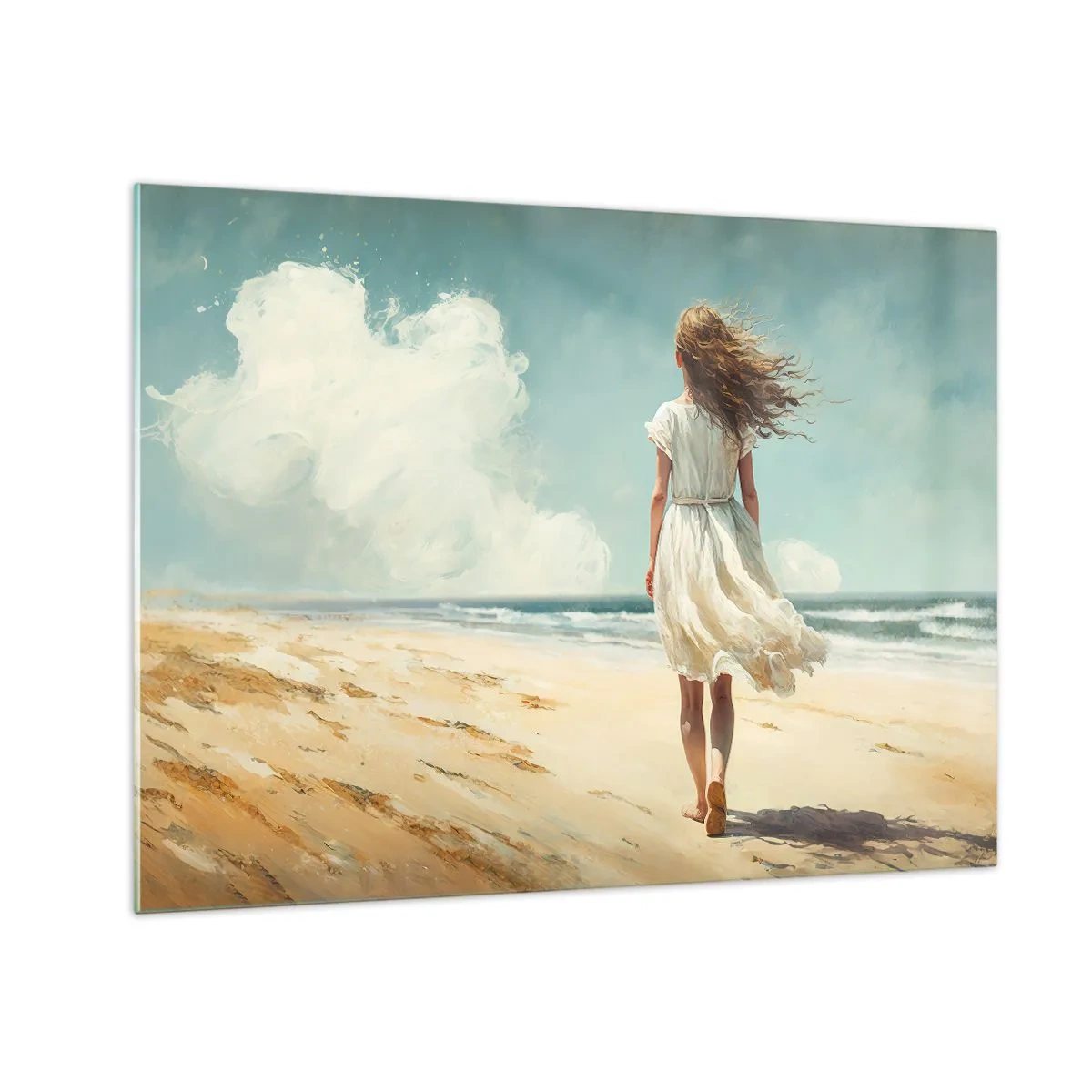 Obraz na skle - Žena v bílých šatech kráčí bosá po slunné pláži - 70x50cm - Směrem k slunci a větru - Moderní nástěnná dekorace do obývacího pokoje a ložnice ARTTOR