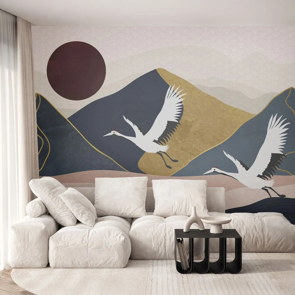 Fototapeta Premium Canvas - Opět uběhl další den - Abstrakce, Jeřáby, hory - 150x105 cm