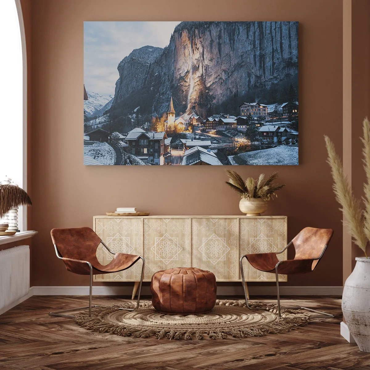 Obraz na plátně - Malebná zimní vesnička obklopená horami - 70x50cm - Světlý duch zimy - Moderní nástěnná dekorace do obývacího pokoje a ložnice ARTTOR