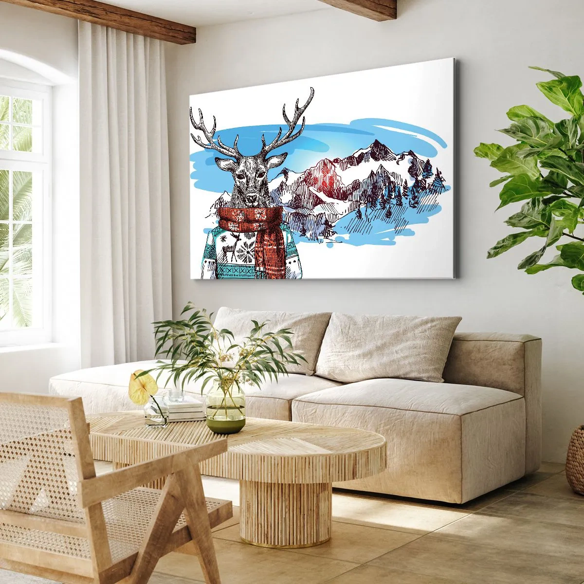 Obraz na plátně - Jelen v zimním svetru na pozadí horské krajiny - 70x50cm - Ani jelen nemrzne - Moderní nástěnná dekorace do obývacího pokoje a ložnice ARTTOR