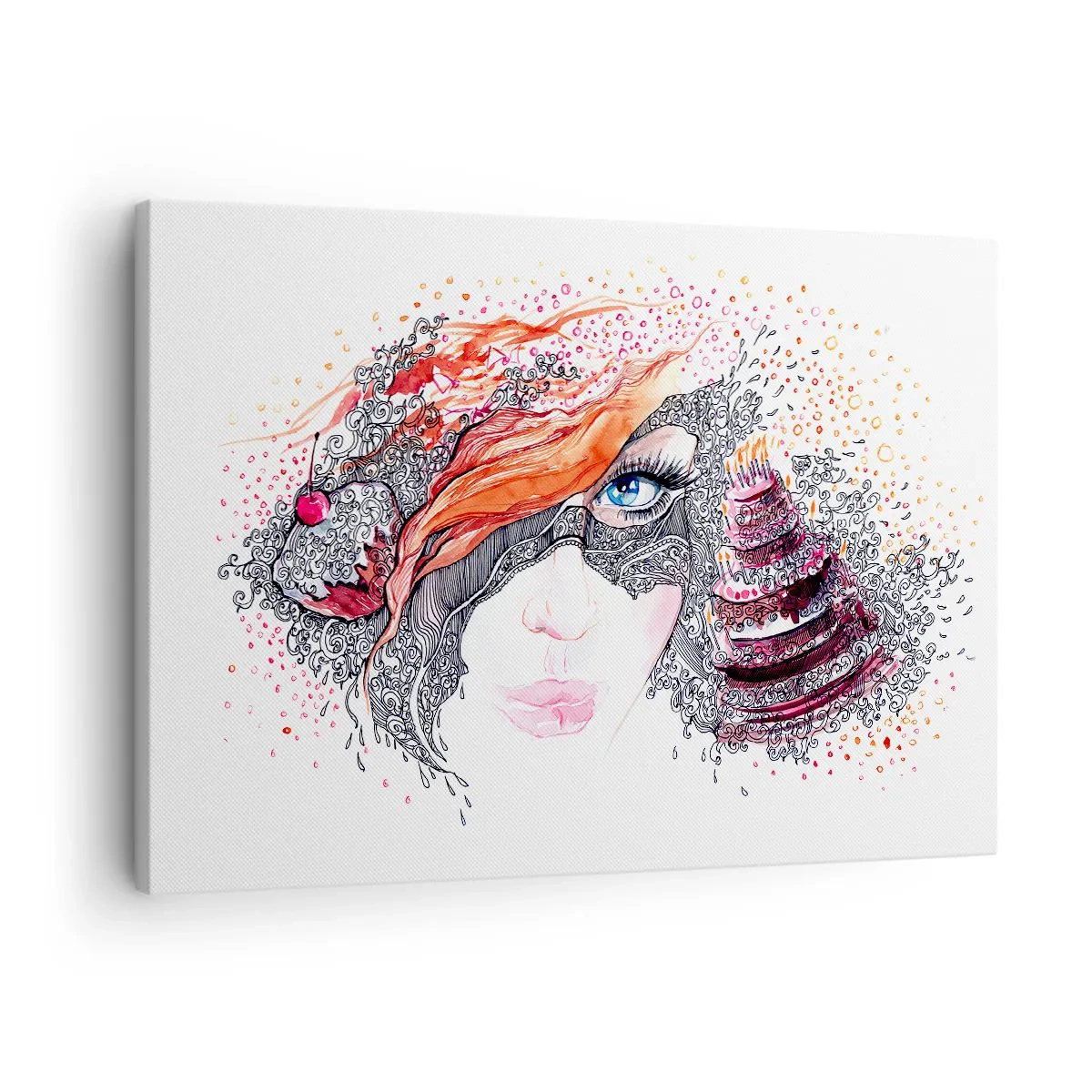 Obraz na plátně - Umělecký portrét ženy s detaily a červeným akcentem - 70x50cm - S ní je každý den svátek - Moderní nástěnná dekorace do obývacího pokoje a ložnice ARTTOR