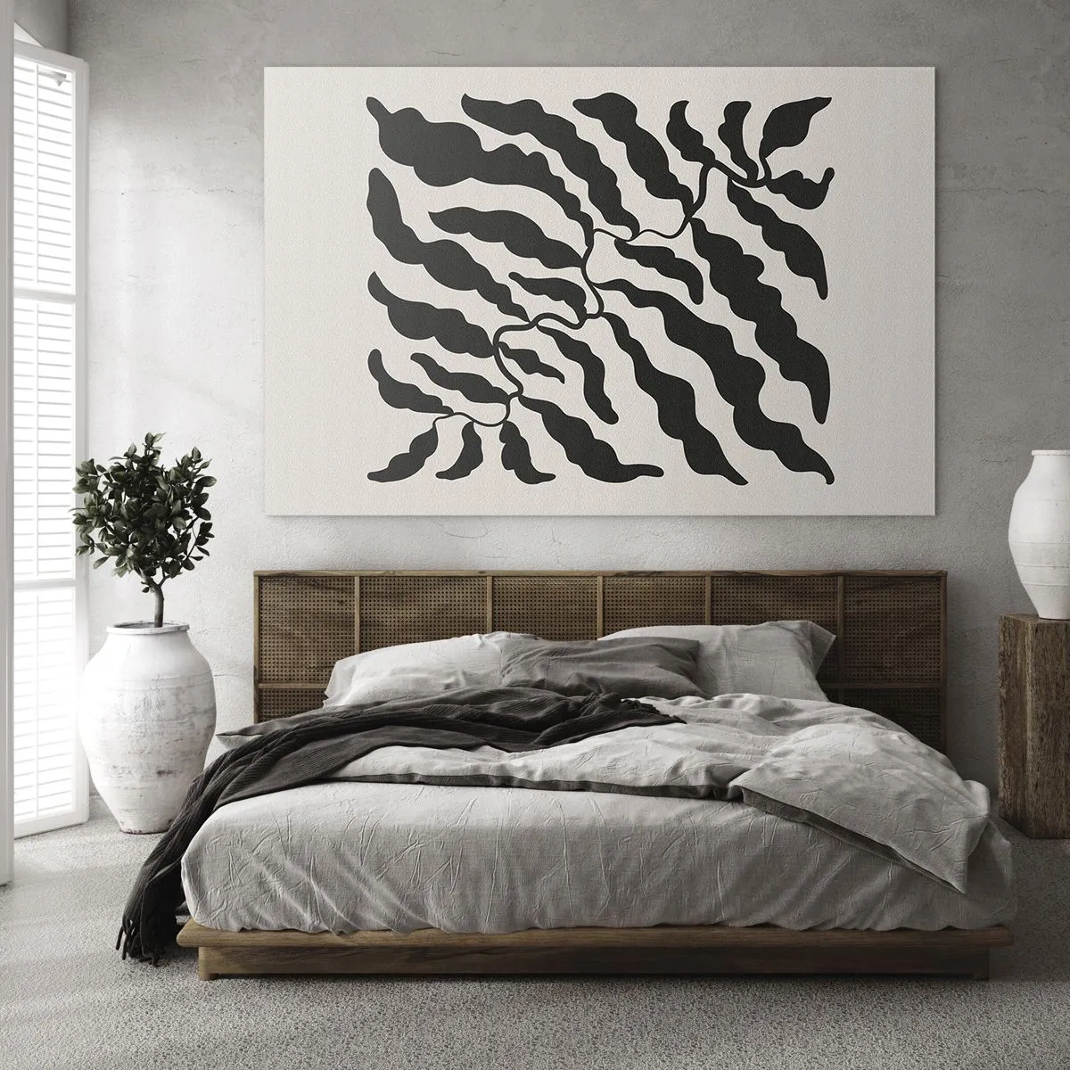 Obraz na skle - Botanická kresba s organickými černými listy - 70x50cm - Povaha čtverce - Moderní nástěnná dekorace do obývacího pokoje a ložnice ARTTOR