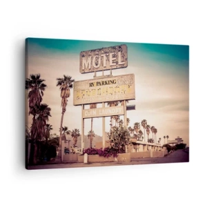 Obraz na plátně - Retro motel cedule obklopená palmami - 70x50cm - Zde se zastavil čas - Moderní nástěnná dekorace do obývacího pokoje a ložnice ARTTOR