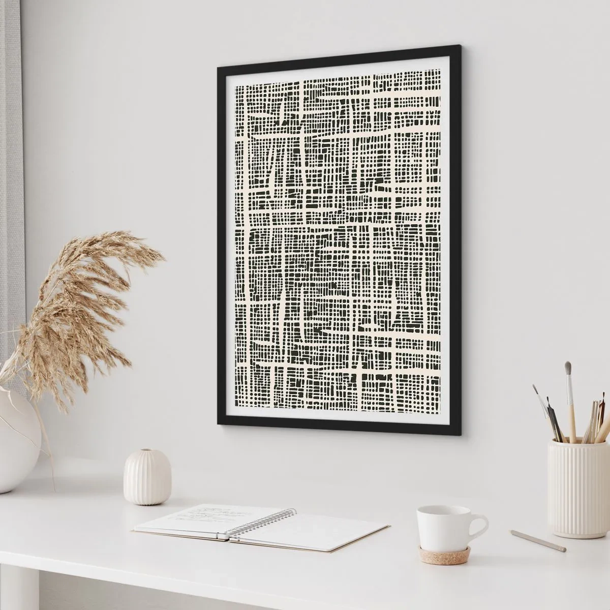 Plakát v černém rámu - Geometrický vzor v černé barvě na světlém pozadí - 50x70cm - Tkaná kompozice - Moderní nástěnná dekorace do obývacího pokoje a ložnice ARTTOR