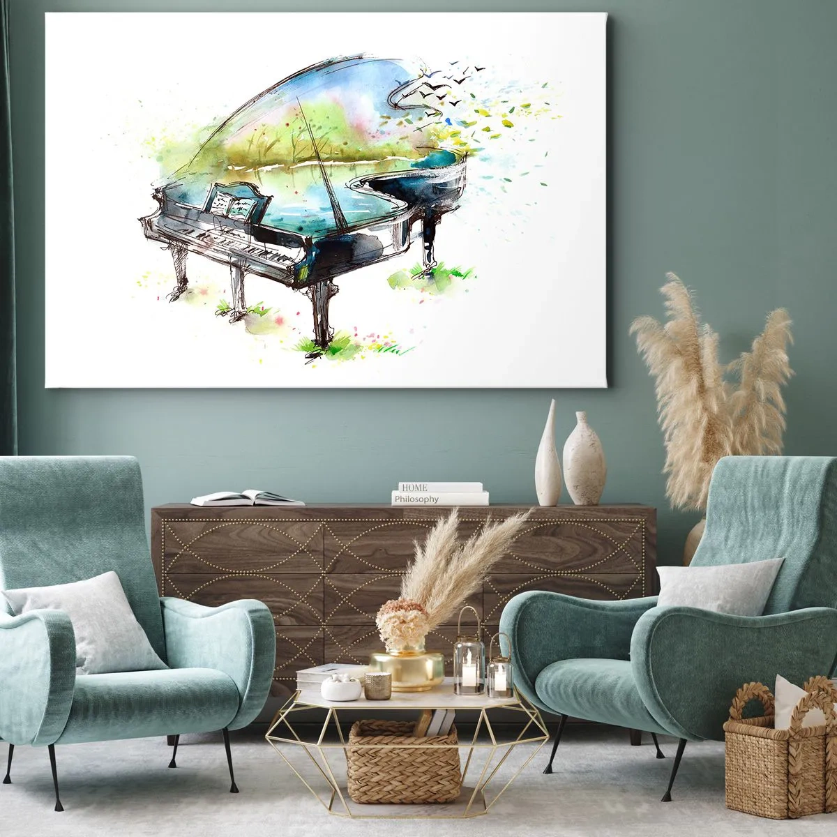 Obraz na plátně - Umělecká akvarelová malba klavíru s přírodou v pozadí - 70x50cm - Zakleté v hudbě - Moderní nástěnná dekorace do obývacího pokoje a ložnice ARTTOR
