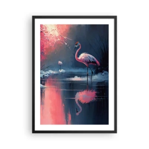 Plakát v černém rámu - Plameňáci na klidném jezeře - 50x70cm - Ptačí útočiště - Moderní nástěnná dekorace do obývacího pokoje a ložnice ARTTOR