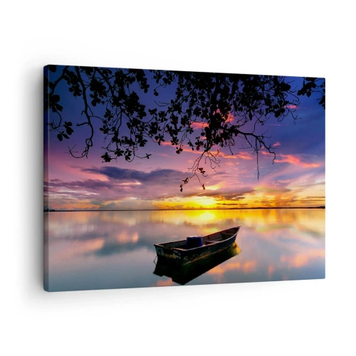Obraz na plátně - Loď na klidné vodě při západu slunce - 70x50cm - „Zdá se, že visíš uprostřed nebe…“ - Moderní nástěnná dekorace do obývacího pokoje a ložnice ARTTOR