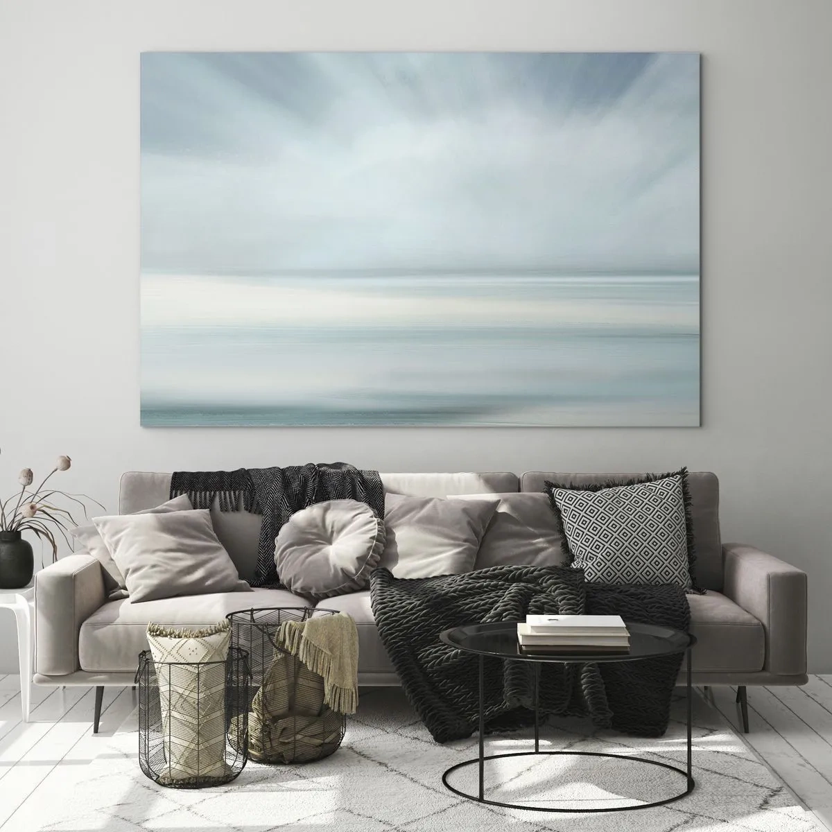 Obraz na skle - Rozmazaná abstrakce v odstínech modré, bílé a šedé - 70x50cm - Klid až kam oko sahá - Moderní nástěnná dekorace do obývacího pokoje a ložnice ARTTOR