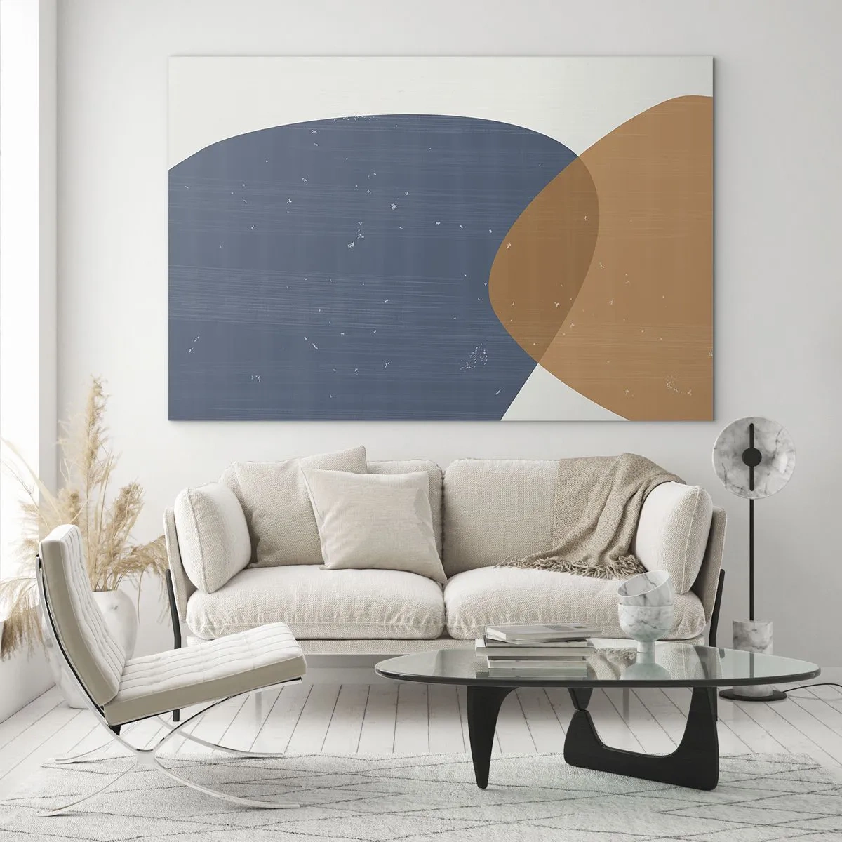 Obraz na skle - Geometrická kompozice s tmavě modrými a béžovými ovály - 70x50cm - Ovály a vlivy - Moderní nástěnná dekorace do obývacího pokoje a ložnice ARTTOR